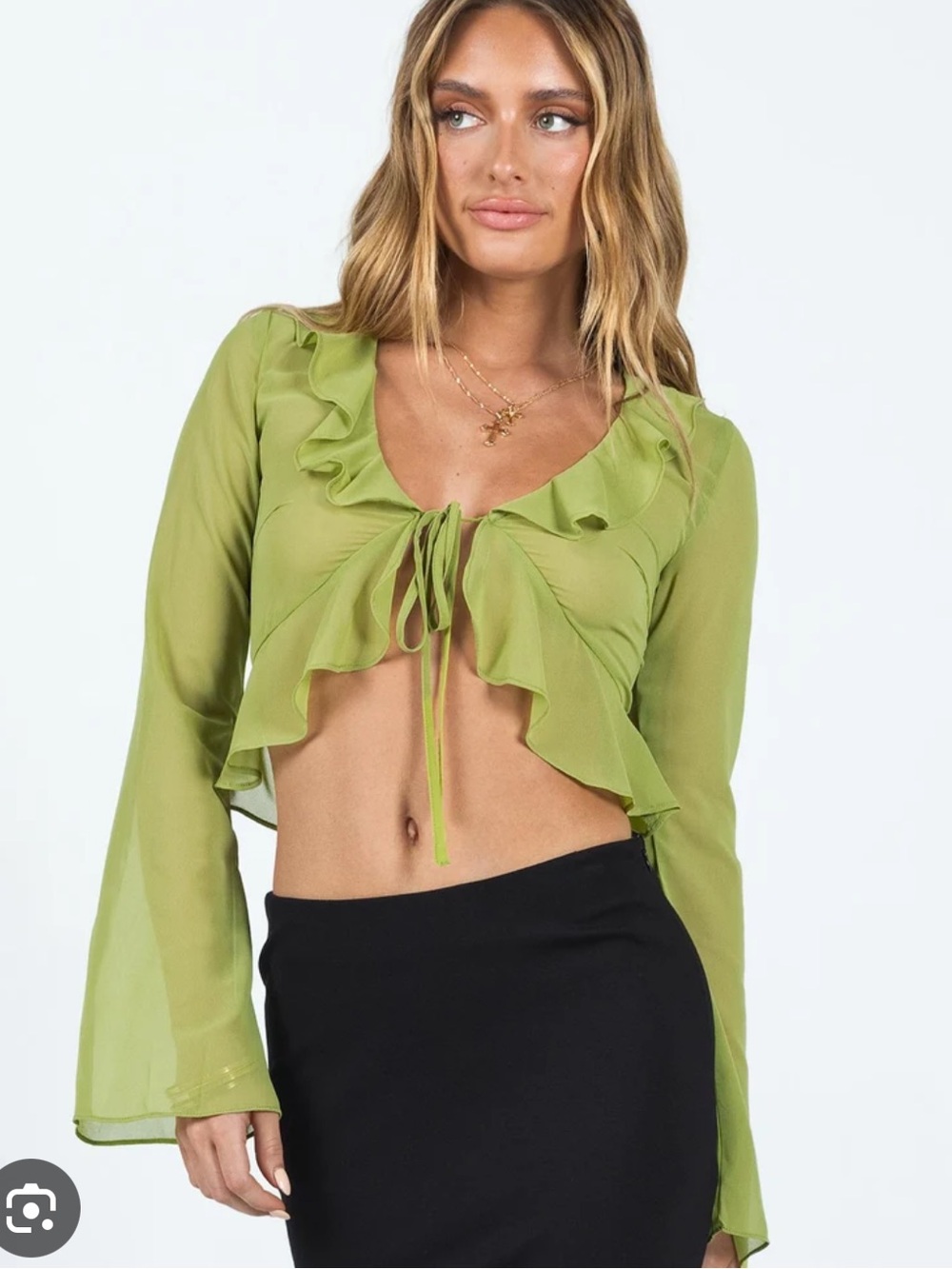 Princess Polly green Olive Tie-Front Ruffle Crop Top long sleeve